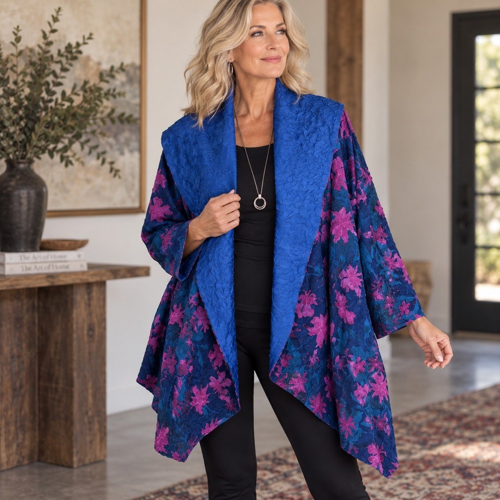 NEW Jenny T Open Crinkle Jacket Navy Purple Floral Lagenlook Artsy 90s Boho XL